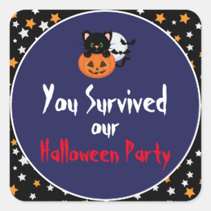 Halloween Black Cat and Pumpkin with Stars Square Sticker
