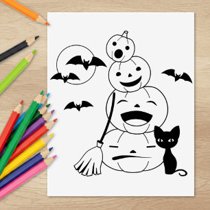 Halloween Black Cat and Pumpkins Colouring Page Rubber Stamp