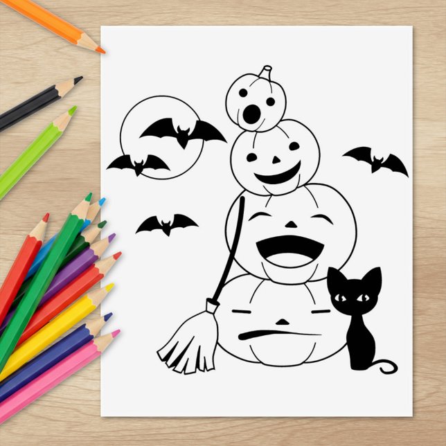Halloween Black Cat and Pumpkins Colouring Page Rubber Stamp (Creator Uploaded)