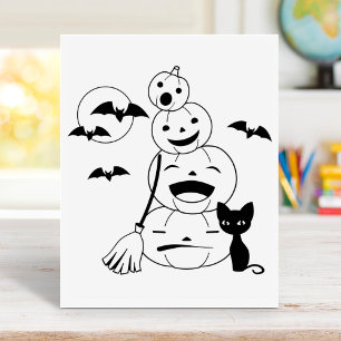Halloween Black Cat and Pumpkins Colouring Page Rubber Stamp