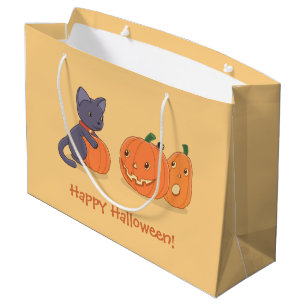 Halloween Black Cat and Pumpkins on Orange Large Gift Bag