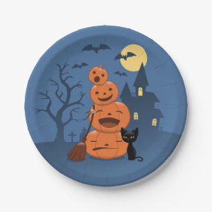 Halloween Black Cat and Pumpkins Paper Plate