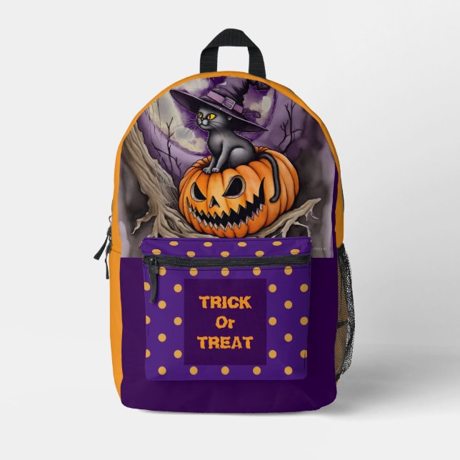 Halloween, Black Cat and Scary Pumpkin Printed Bac Backpack (Front)