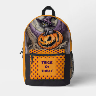 Halloween, Black Cat and Scary Pumpkin Printed Bac Backpack