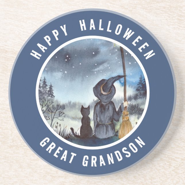Halloween Black Cat and The Witch Starry Night Coaster (Front)