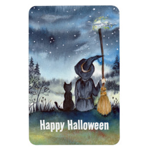 Halloween Black Cat and The Witch Starry Night Magnet
