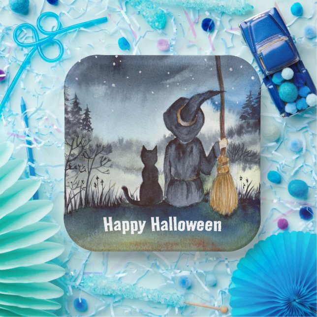 Halloween Black Cat and The Witch Starry Night Paper Plate (Party)