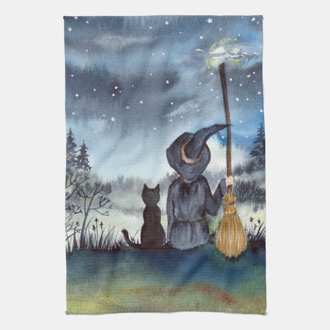 Halloween Black Cat and The Witch Starry Night Tea Towel (Vertical)