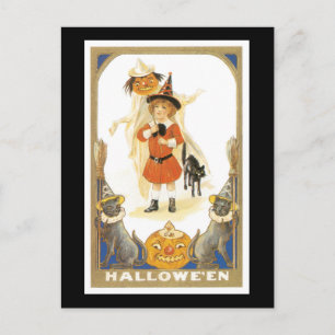 Halloween Black Cat and Witch Girl Postcard