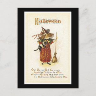 Halloween Black Cat and Witch Girl Postcard