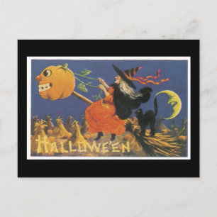 Halloween Black Cat and Witch Postcard