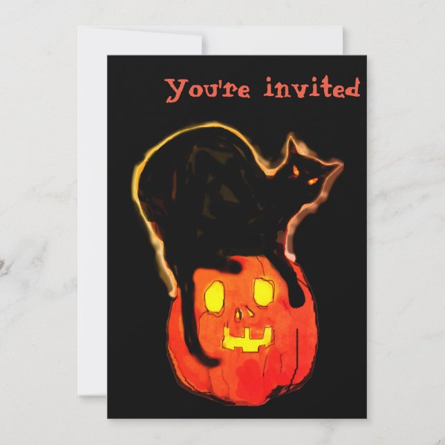 Halloween Black Cat atop Glowing Orange Pumpkin Invitation (Front)