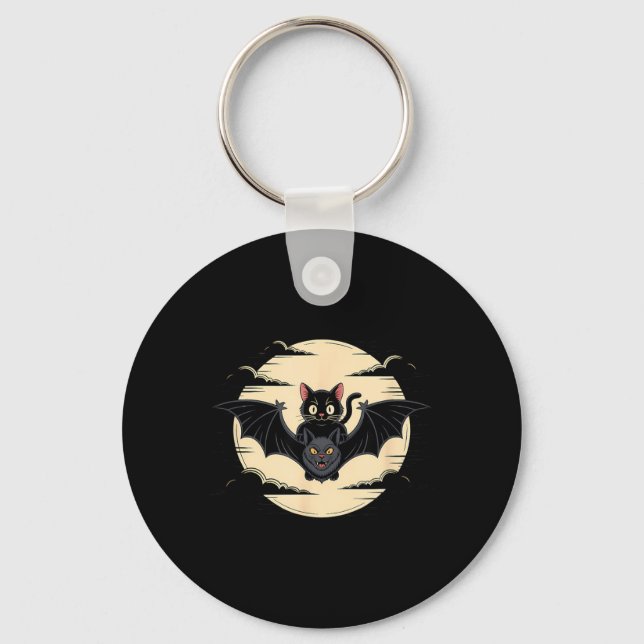 Halloween Black Cat Bat Full Moon Scary Night Key Ring (Front)