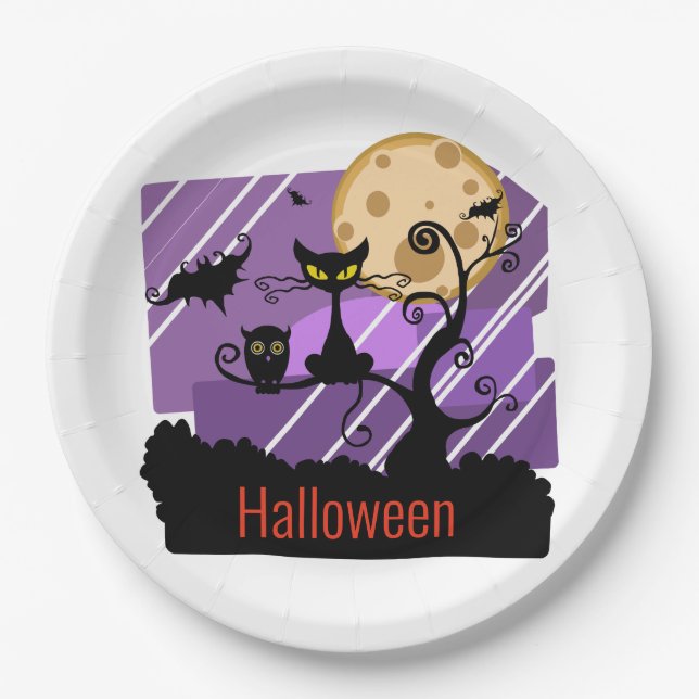 Halloween Black Cat, Bat, Owl, Moon and Tree Paper Plate (Front)
