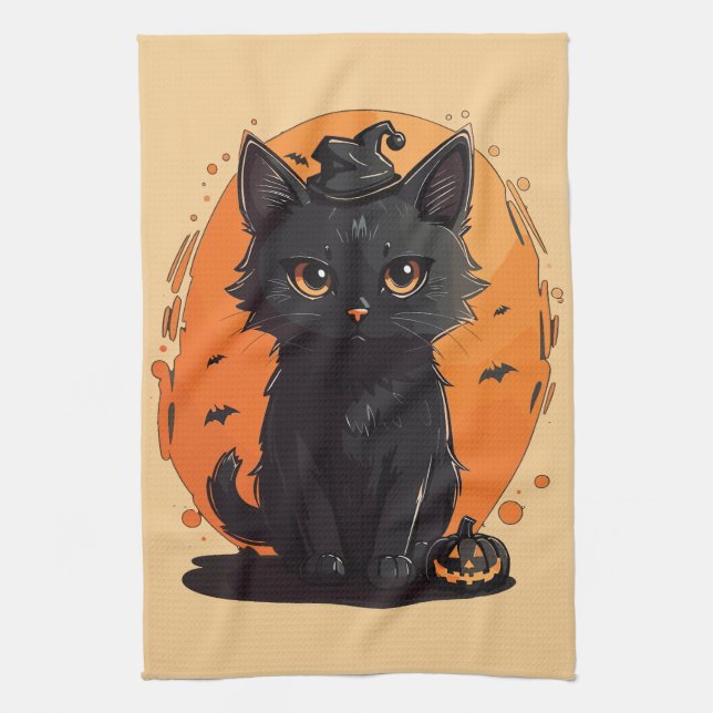 Halloween Black Cat, Black Jack O' Lantern  Tea Towel (Vertical)