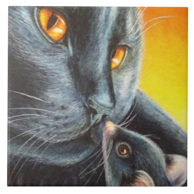 Halloween Black Cat & Black Mouse Watercolor  Tile (Front)