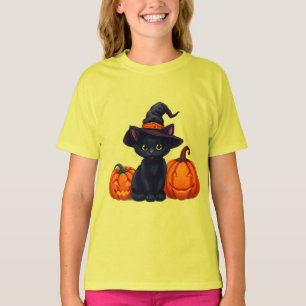 Halloween Black Cat Character In Witch Hat T-Shirt