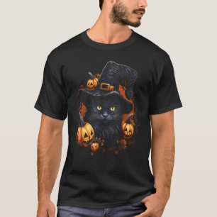 Halloween Black Cat Costume Spooky Witch Hat Jack T-Shirt