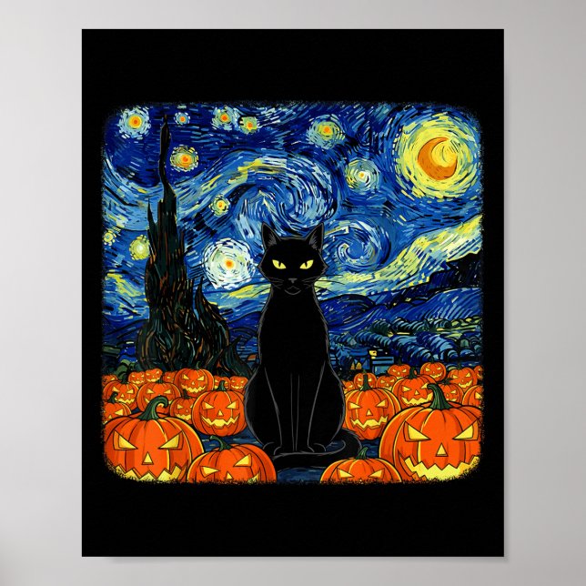 Halloween Black Cat Costume Van Gogh Starry Night  Poster (Front)