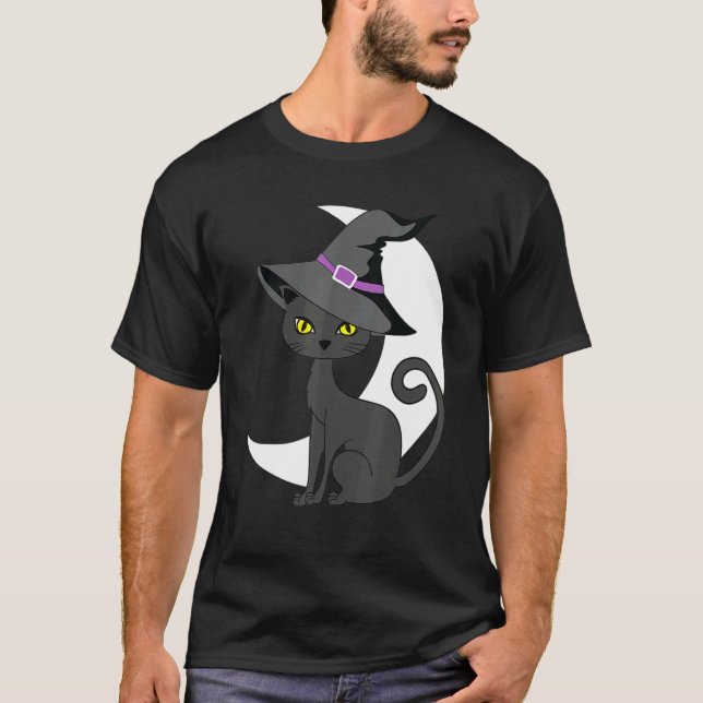 Halloween Black Cat Costume Witch Hat & Moon Men W T-Shirt (Front)