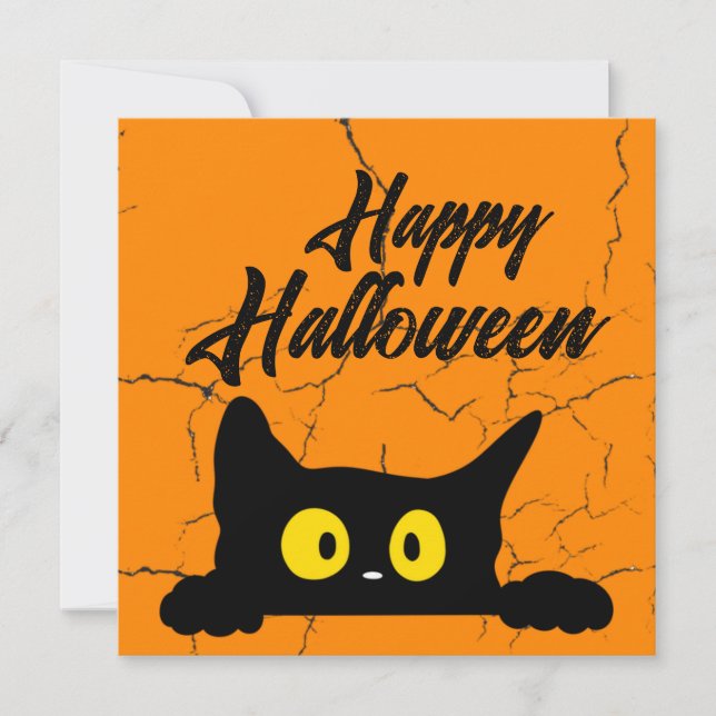 Halloween Black Cat Distressed Texture Orange Holiday Card (Front)