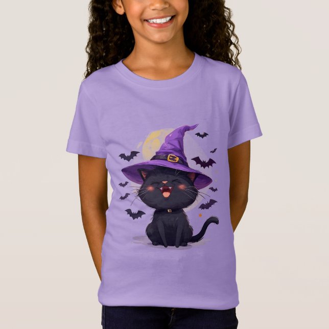 Halloween Black Cat Dressed as a Witch Hat T-Shirt (Front)