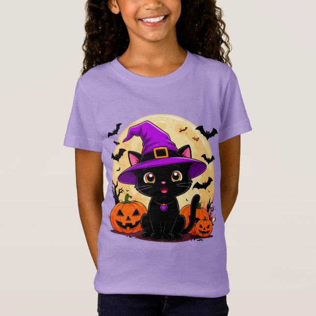 Halloween Black Cat Dressed as a Witch Hat T-Shirt (Front)