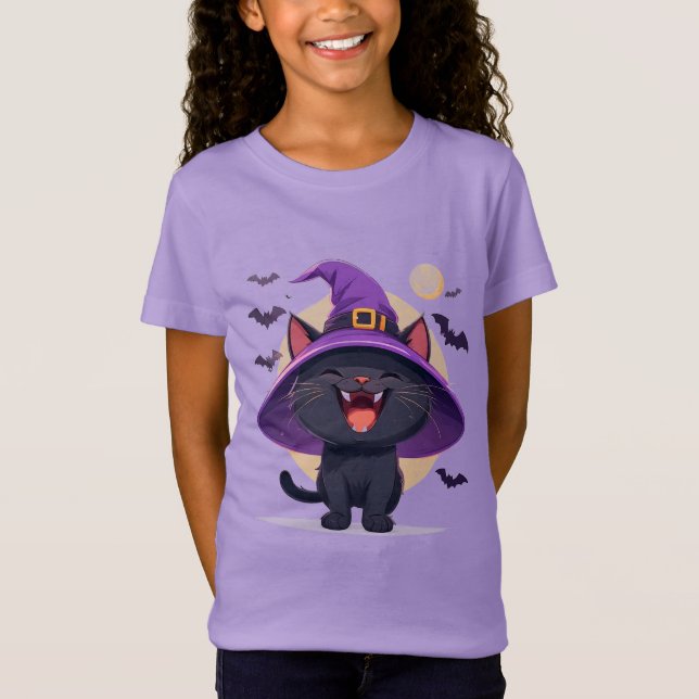 Halloween Black Cat Dressed as a Witch Hat T-Shirt (Front)