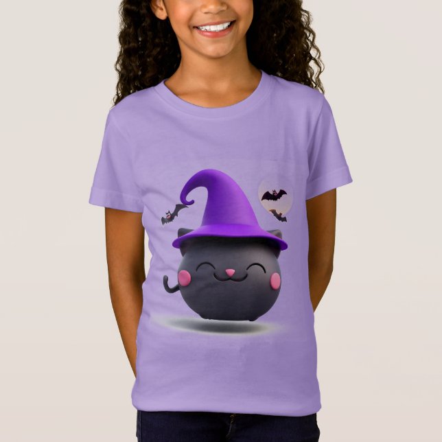 Halloween Black Cat Dressed as a Witch Hat T-Shirt (Front)