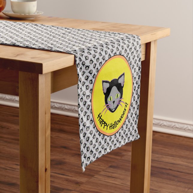 Halloween Black Cat Face Pattern Short Table Runner (In Situ)