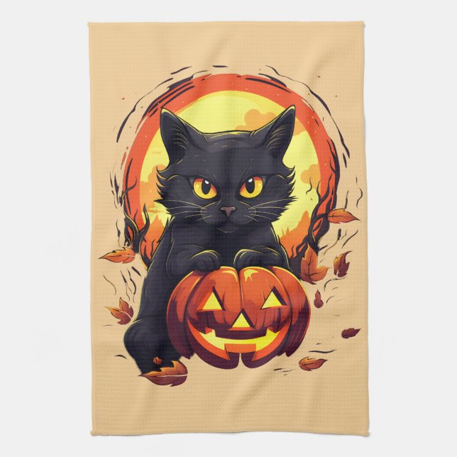 Halloween Black Cat, Fall Leaves,  Tea Towel (Vertical)