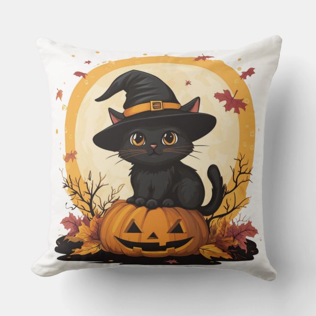 🎃 Halloween Black Cat: Félin Sorcier 🧙 ‍ ♂️ Cushion (Front)