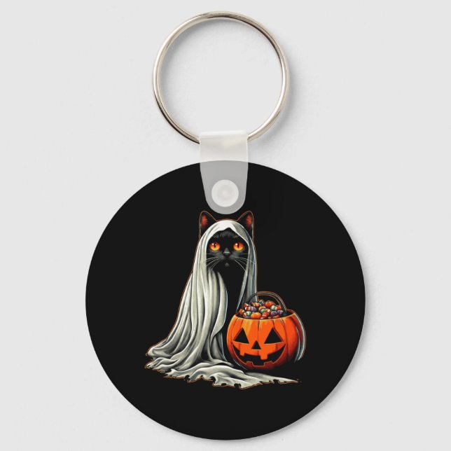 Halloween Black Cat Ghost Costume Pumpkin 1 Key Ring (Front)