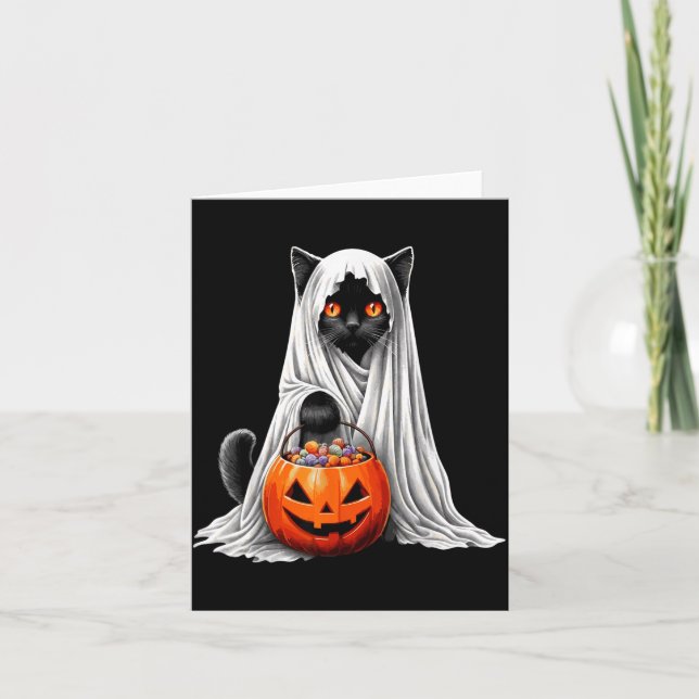Halloween Black Cat Ghost Costume Pumpkin Card (Front)