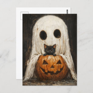 Halloween Black Cat & Ghost - Cute Spooky Postcard
