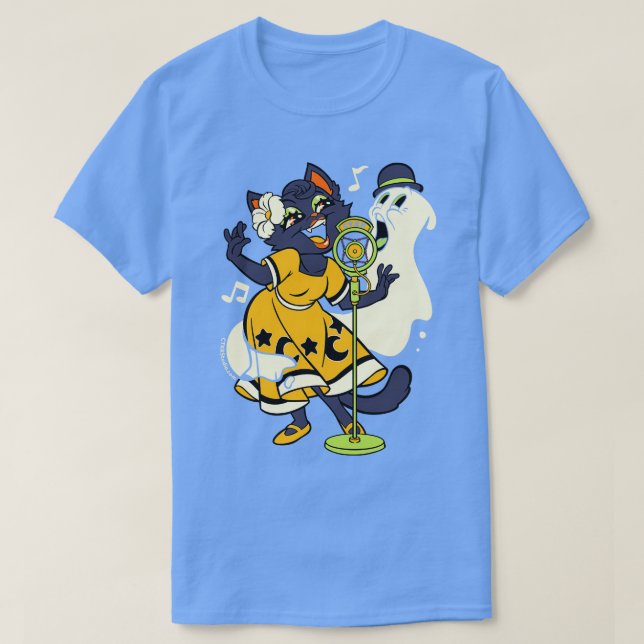 Halloween Black Cat Ghost Singing T-Shirt (Design Front)