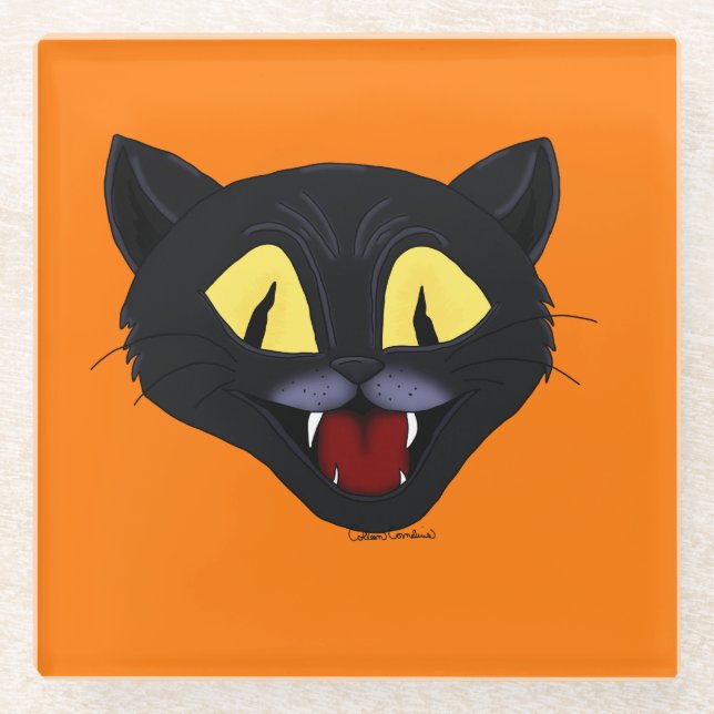 Halloween Black Cat  Glass Coaster (Front)