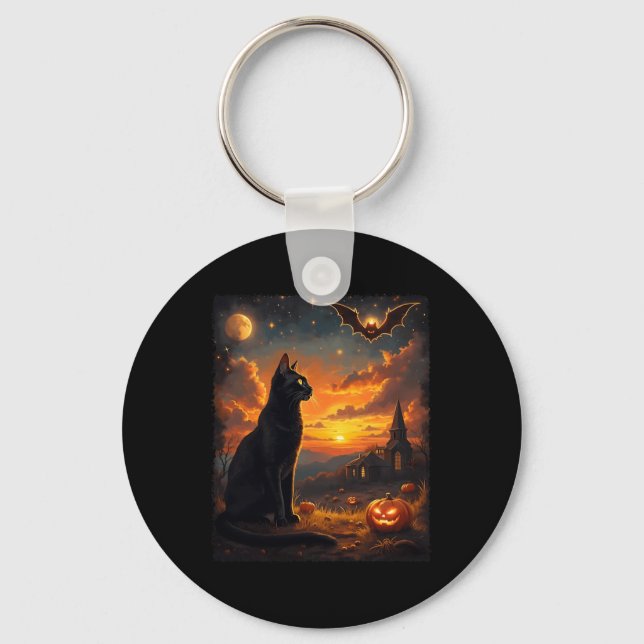 Halloween Black Cat Gothic Moon Scene Party Key Ring (Front)