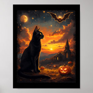 Halloween Black Cat Gothic Moon Scene Party Poster