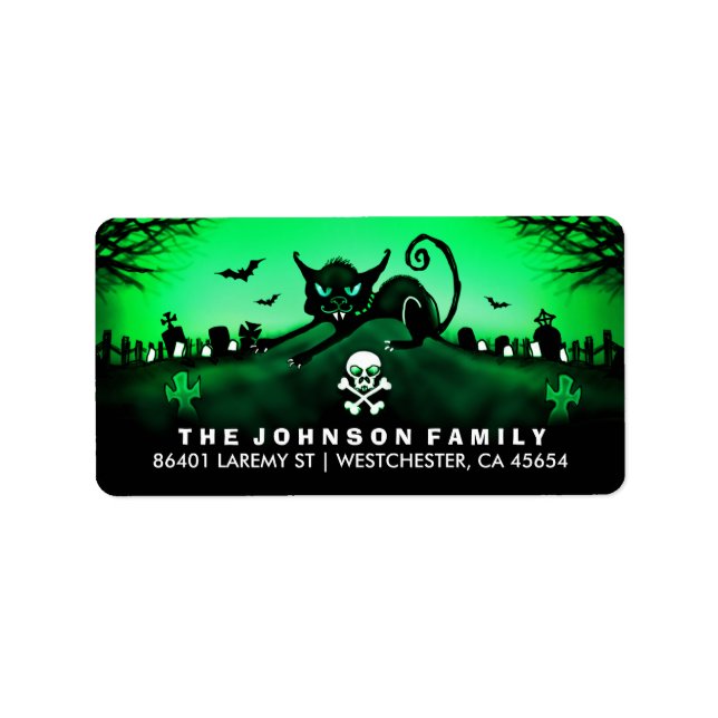 Halloween Black Cat Graveyard Green Address Label (Front)