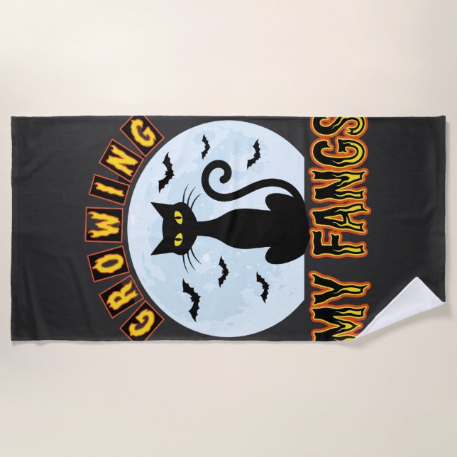 Halloween Black Cat Growing My Fangs Design Beach Towel (Front)