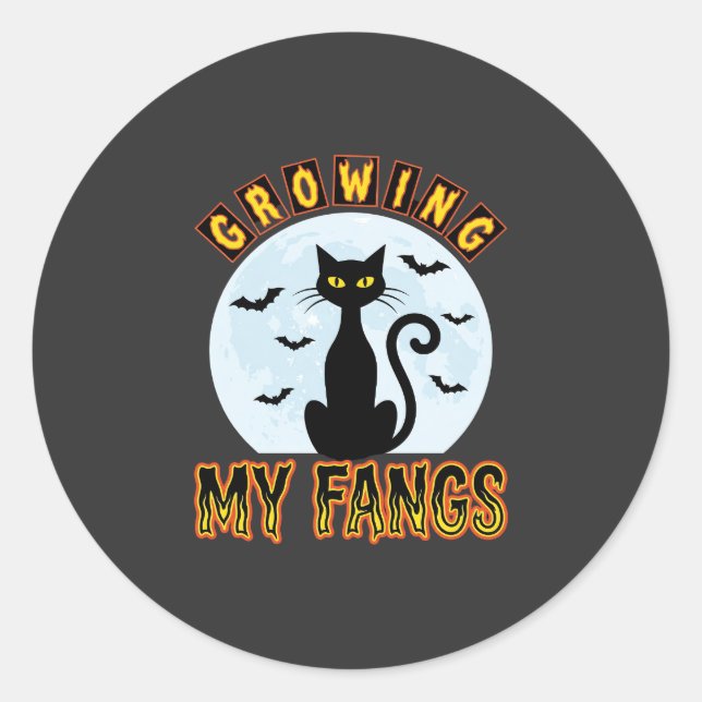 Halloween Black Cat Growing My Fangs Design Classic Round Sticker (Front)