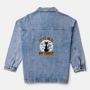 Halloween Black Cat Growing My Fangs Design Denim Jacket