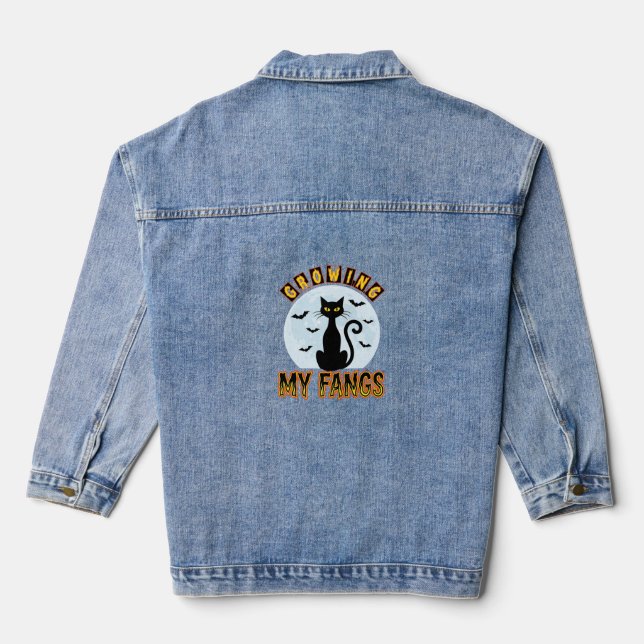 Halloween Black Cat Growing My Fangs Design Denim Jacket (Back)