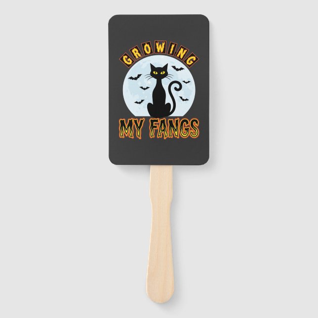 Halloween Black Cat Growing My Fangs Design Hand Fan (Front)
