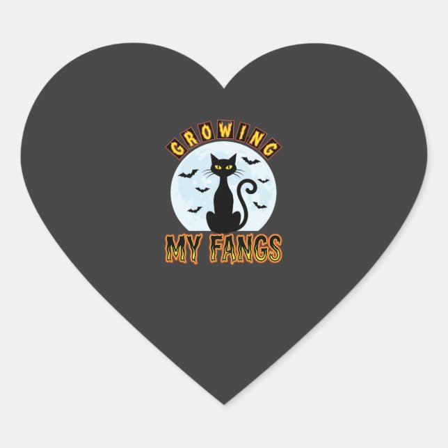 Halloween Black Cat Growing My Fangs Design Heart Sticker (Front)