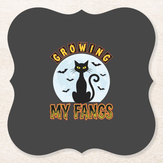 Halloween Black Cat Growing My Fangs Design Paper Coaster (Front)