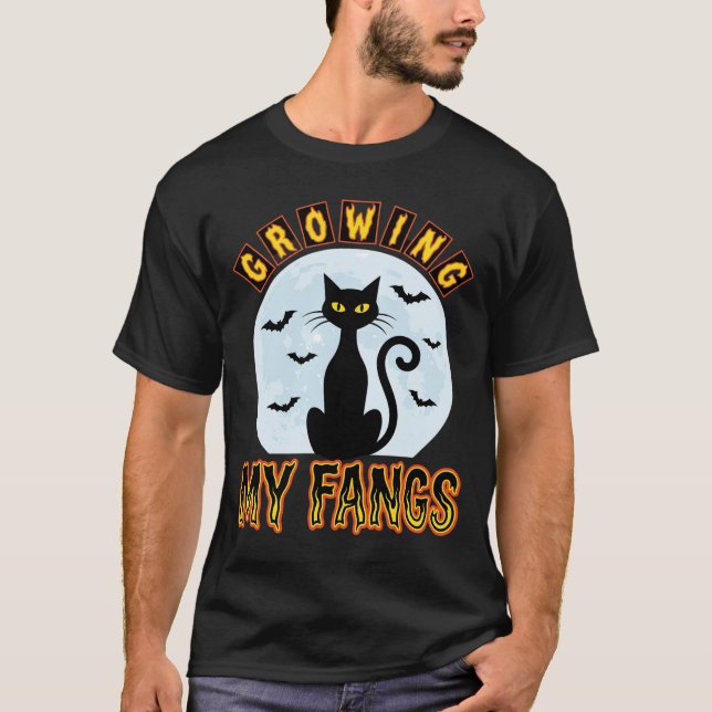 Halloween Black Cat Growing My Fangs Design T-Shirt (Front)