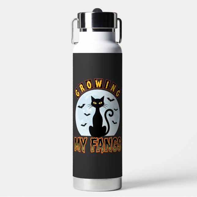 Halloween Black Cat Growing My Fangs Design Water Bottle (Front)