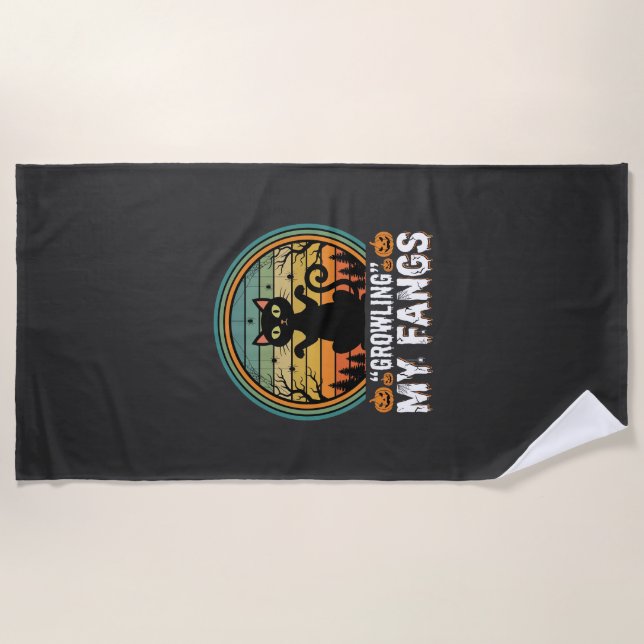 Halloween Black Cat Growling My Fangs Retro Design Beach Towel (Front)